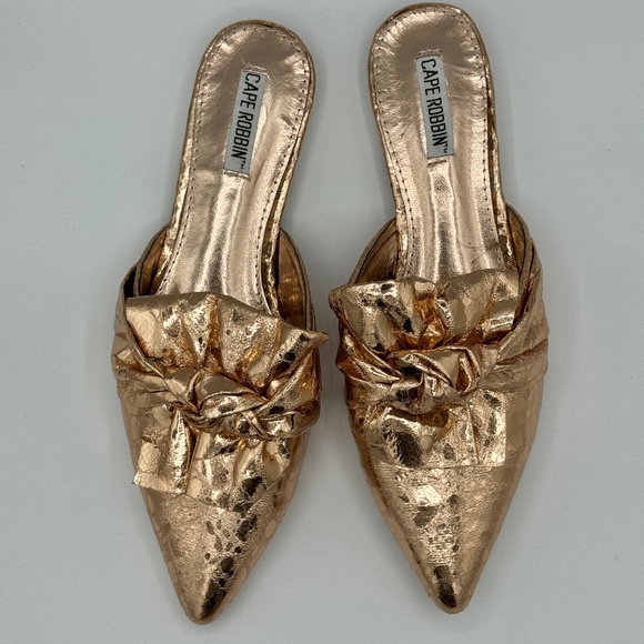Cape Robbin | Vegan Metallic Rose Gold Knotted Pointed Toe Slip On Flats Mules - Picture 3 of 13
